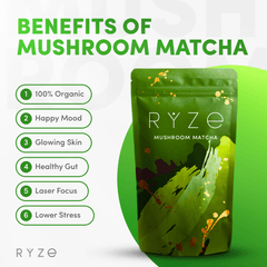 RYZE Matcha - with 6 Organic Adaptogenic Mushrooms Grown In USA and Ceremonial-Grade Japanese Matcha - Travel Edit