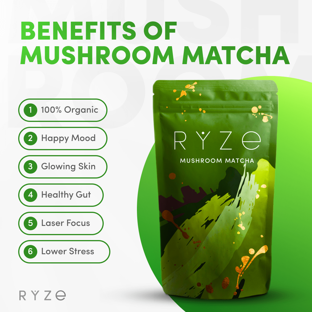 RYZE Matcha - with 6 Organic Adaptogenic Mushrooms Grown In USA and Ceremonial-Grade Japanese Matcha - Travel Edit