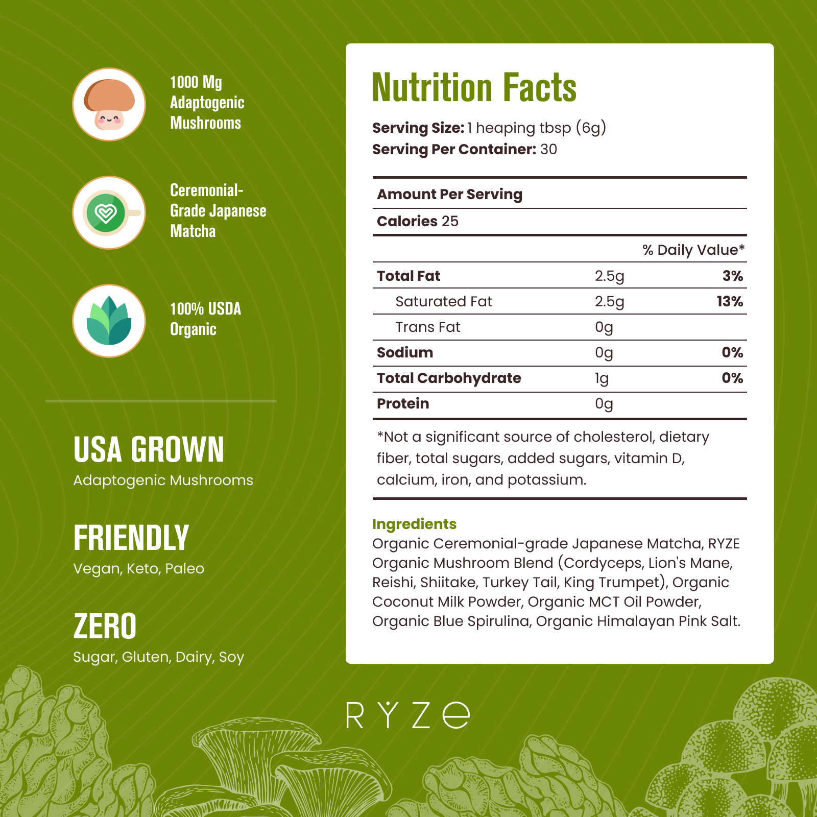 RYZE Matcha - with 6 Organic Adaptogenic Mushrooms Grown In USA and Ceremonial-Grade Japanese Matcha - Travel Edit