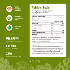 RYZE Matcha - with 6 Organic Adaptogenic Mushrooms Grown In USA and Ceremonial-Grade Japanese Matcha - Travel Edit