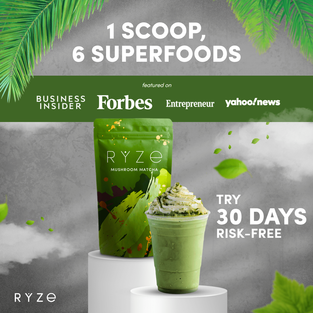 RYZE Matcha - with 6 Organic Adaptogenic Mushrooms Grown In USA and Ceremonial-Grade Japanese Matcha - Travel Edit